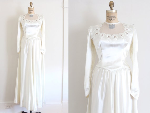 vintage 1940s wedding dress // 40s white satin wedding gown