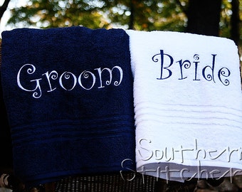BRIDE & GROOM BEACH Towel Set with Tote Bag Embroidered 100%