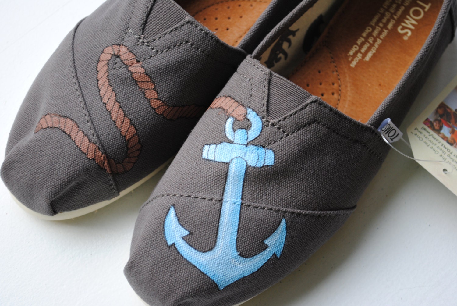 Womens Custom Hand Painted TOMS Anchor Design shoes on Ash