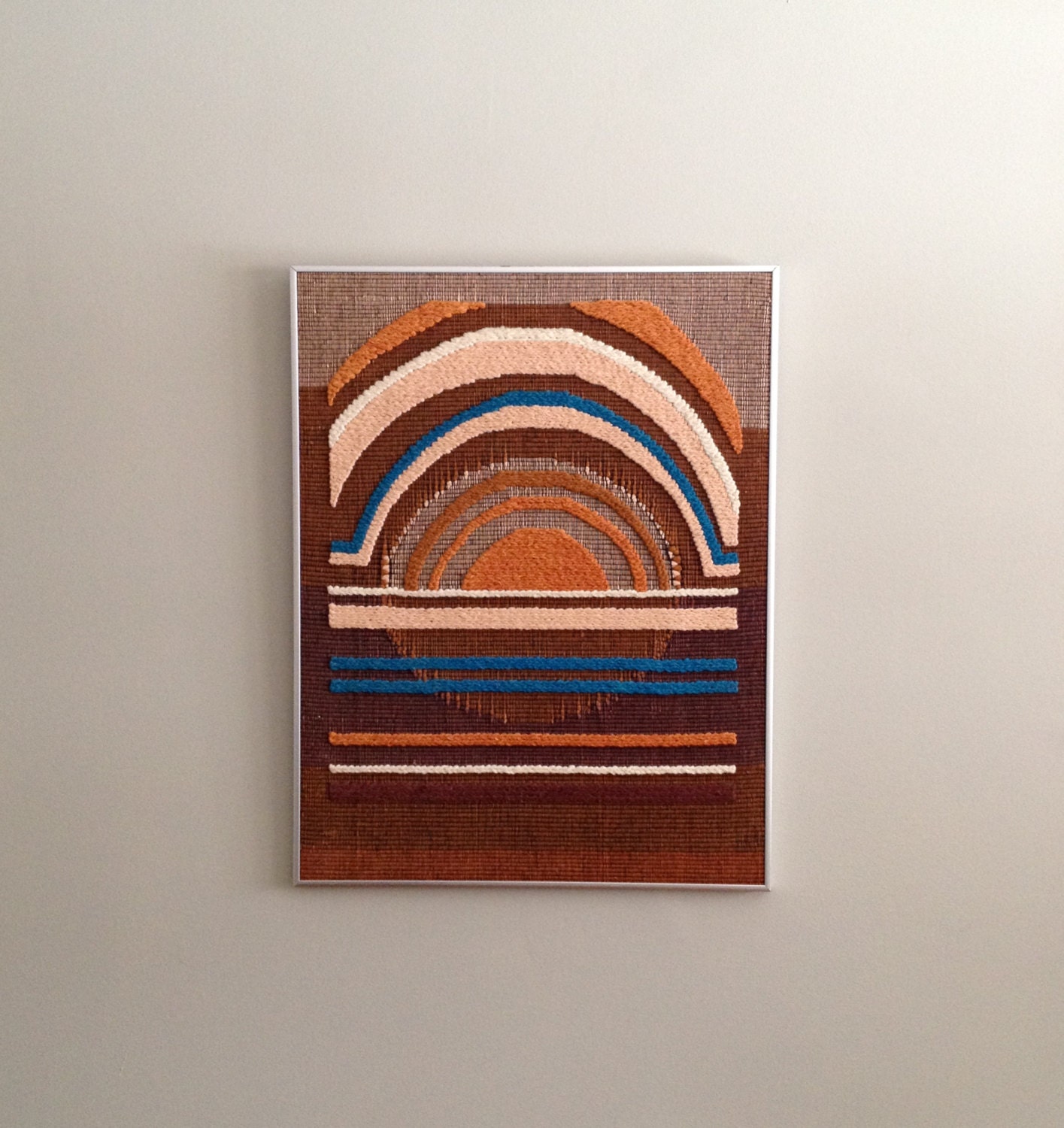 Mid Century Woven Tapestry Textile Art Sunset