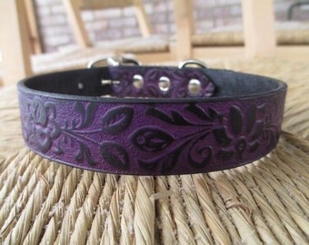 Black Violet Leather Dog Collar. 1" Width. Embossed Purple Gothic Floral Collar. Made to Order.