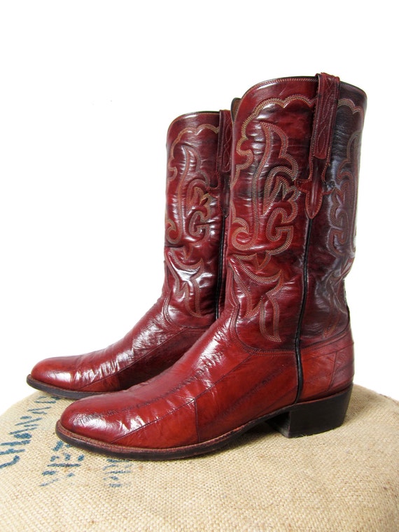 Vintage Lucchese Eel Skin Boots Burgundy Leather by MemoryVintage