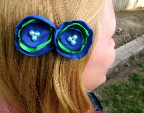 SALE - Blue & Green Satin Flower Hair Pins Set of 2 SALE - Blue & Green Satin Flower Hair Pins Set of 2