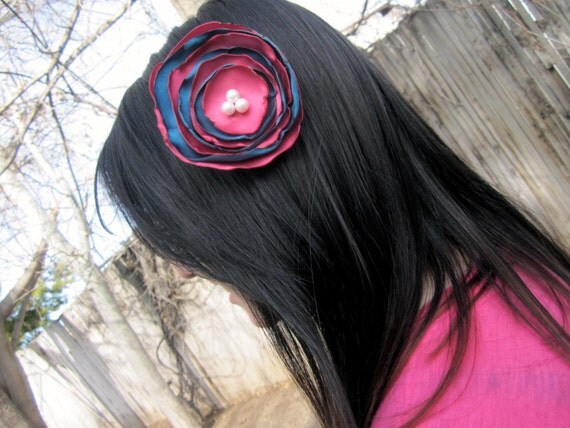 SALE - Dark Teal & Hot Pink Large Satin Flower Hair Clip SALE - Dark Teal & Hot Pink Large Satin Flower Hair Clip