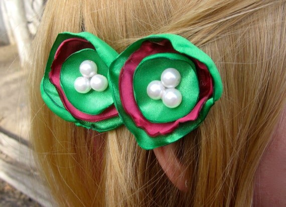 SALE - Green & Hot Pink Satin Bobby Pins with Pearls set of 2 SALE - Green & Hot Pink Satin Bobby Pins with Pearls set of 2
