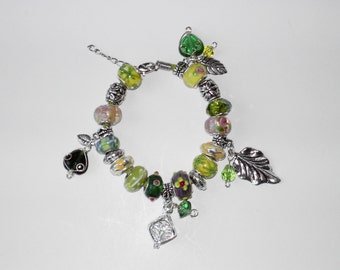 Green Lampwork charm leather bracelet (#304)