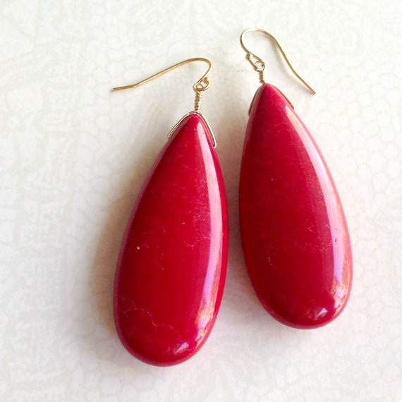 Red Drop Earrings Red Jade Earrings 14k Gold by jewelrybycarmal