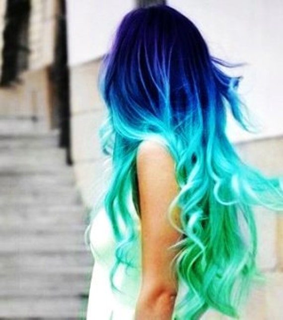 Clip In Hair Extensions Aqua Blue Ombre Human Remy Hair
