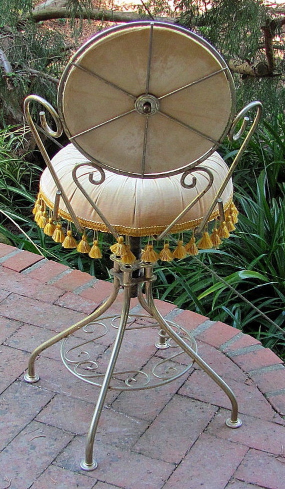 Vintage Tufted Vanity Chair Gold Velvet with Fringe