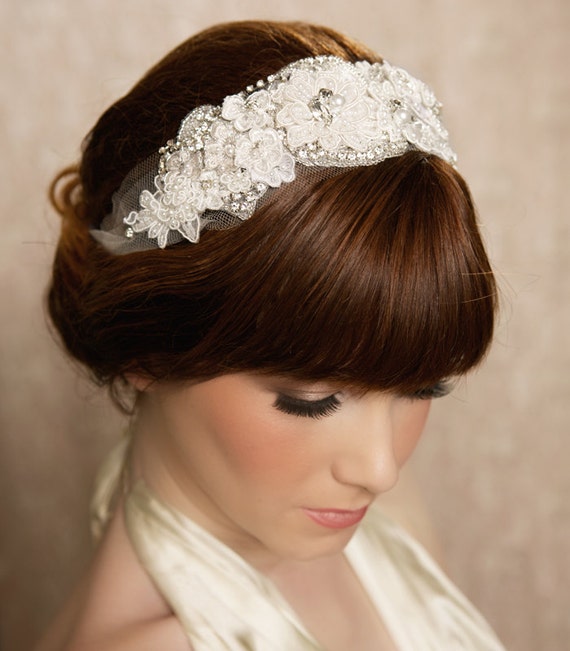 SALE lace bridal headband tulle head wrap veil headband