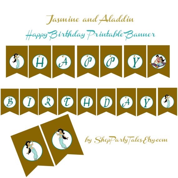Princess Jasmine and Aladdin Printable girl party HAPPY BIRTHDAY Pennant BANNER Instant Download Il_570xn