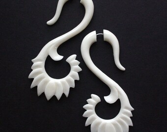 ARUNAH Fake Gauge Earrings - Tribal Jewelry - Hand Carved Organic White Bone