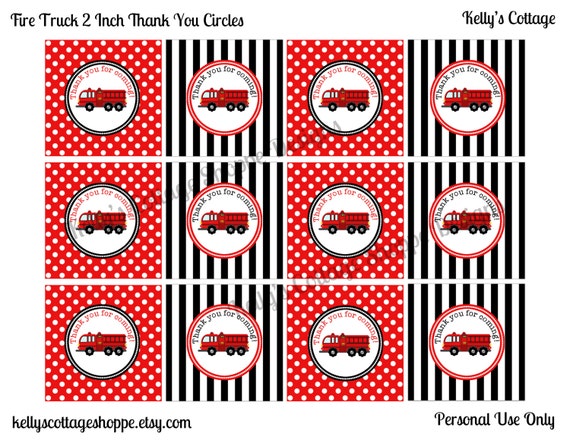 Fire Truck Birthday Party 2 Inch Thank You Circles, Instant Download, Printable, Digital Il_570xn