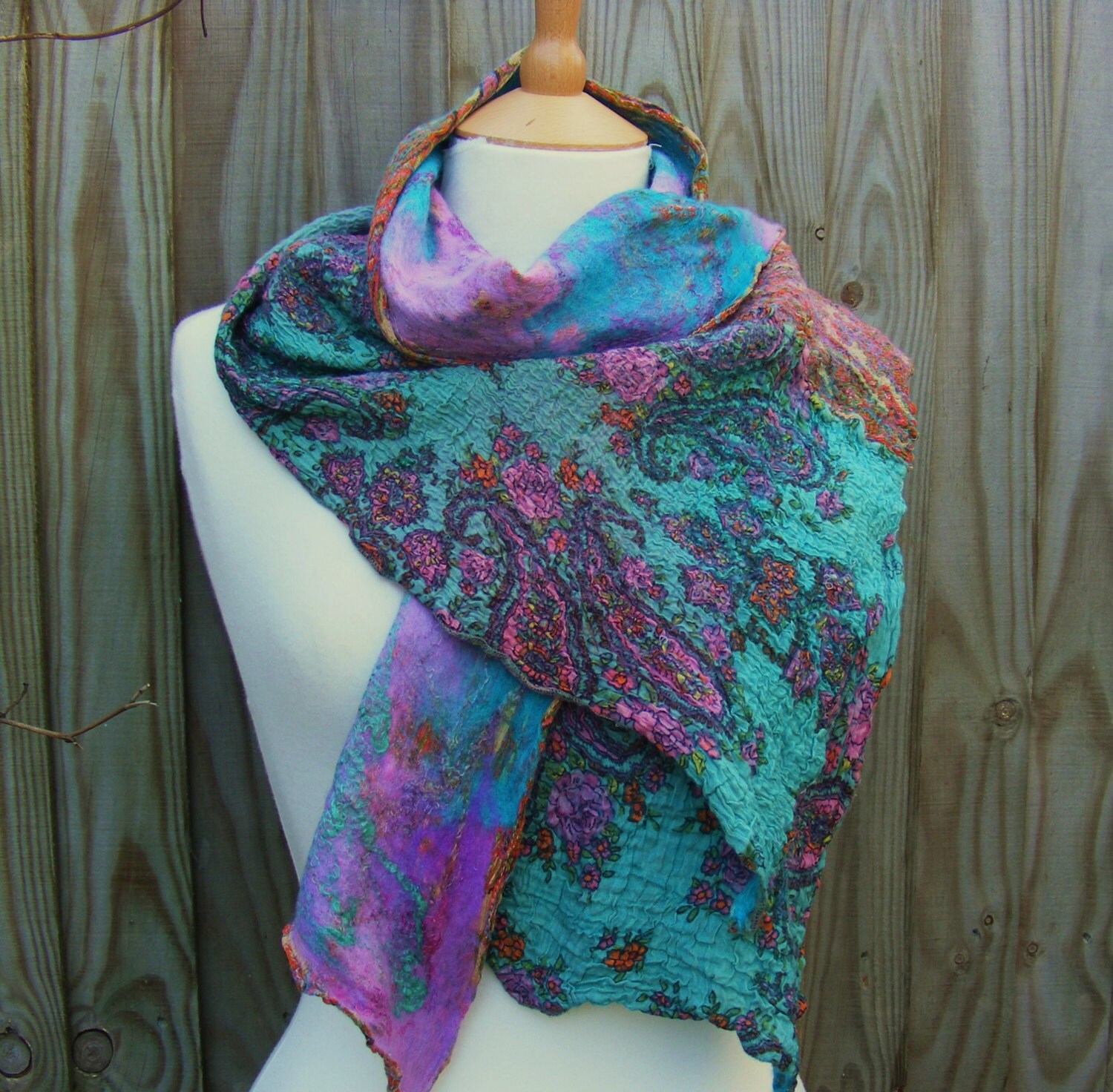 Nuno Felted Scarf Gypsy Shawl Nuno Felt Wrap Paisley Scarf