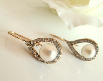 Bridal earrings-Vintage inspired antique brass sea pearl rhinestone earrings antique brass earrings wedding earrings bridesmaid gifts