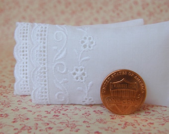 Dollhouse Miniature Set of 2 White Pillows with Flower and Scroll Swiss Embroidery- 1/12 scale