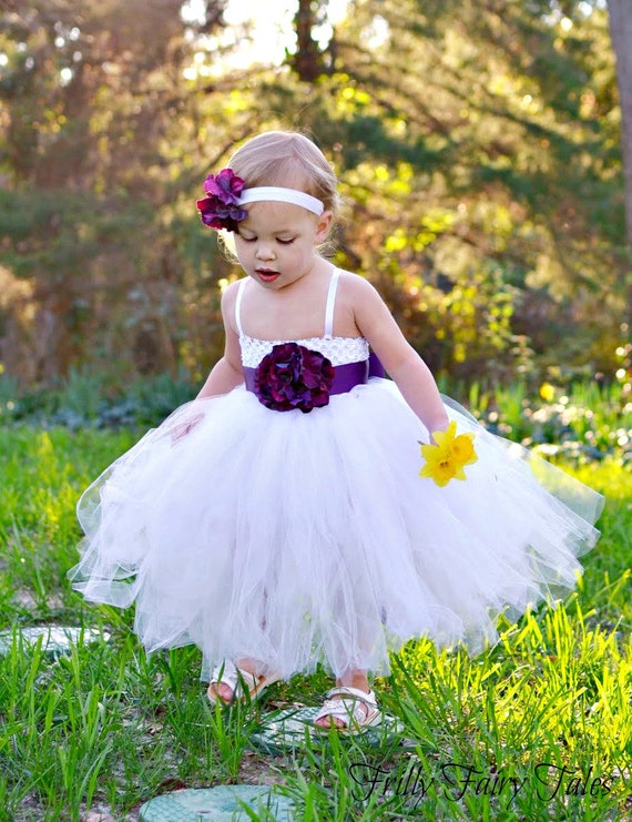 Items similar to White Flower Girl Dress With Plum and Eggplant Floral ...
