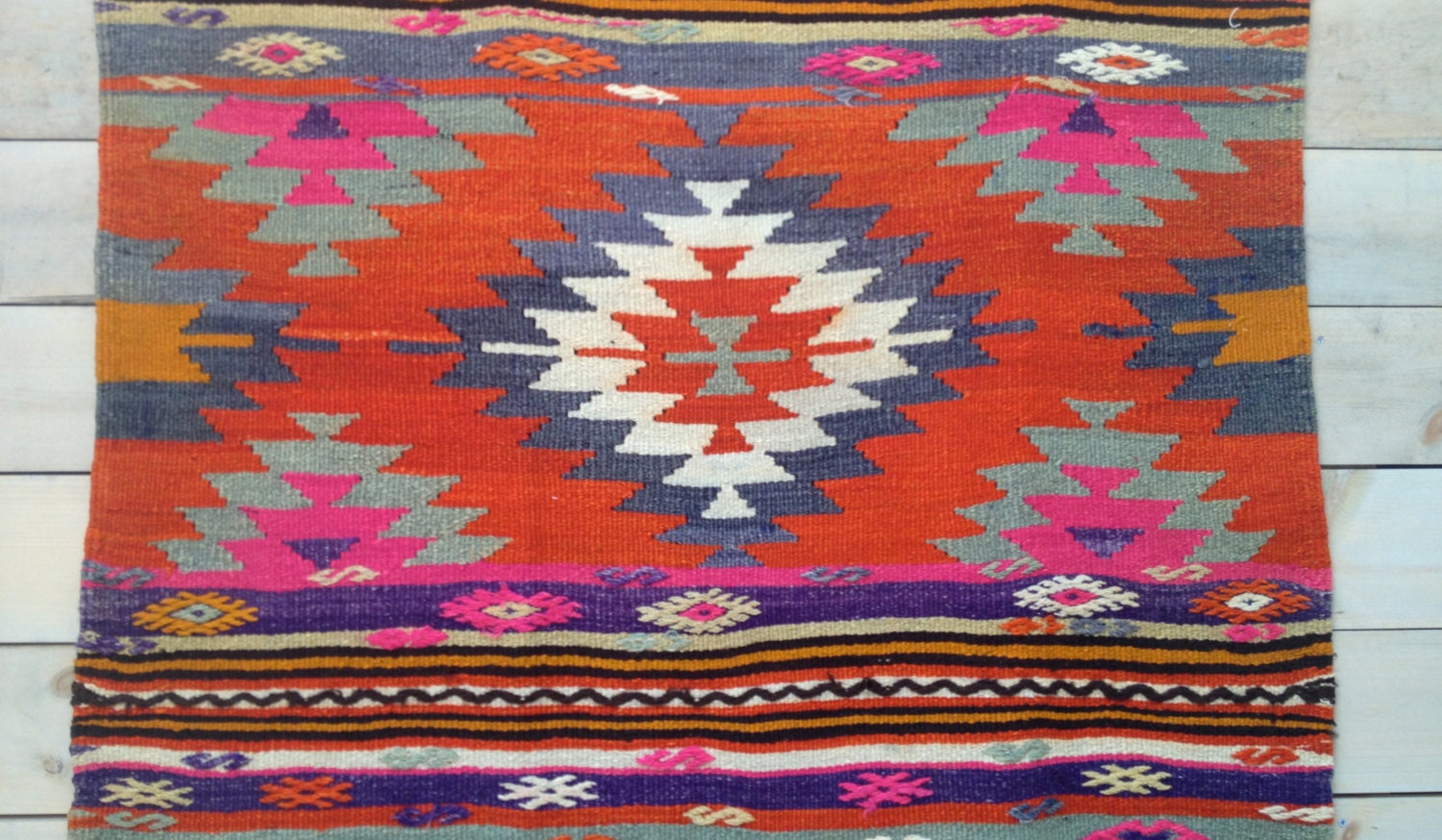 Orange and Indigo Diamond Vintage Turkish Kilim Rug by chezboheme