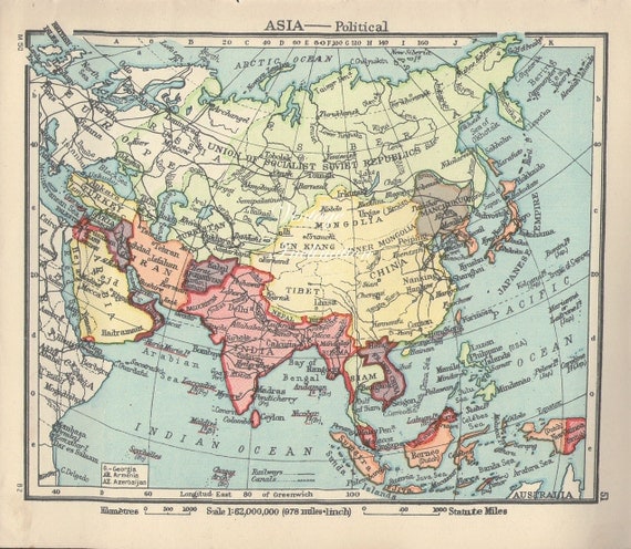 1930s Antique Vintage Map Asia