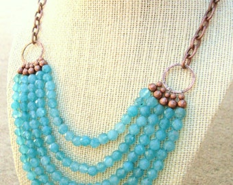 Aquamarine Jade Bib Necklace. Blue Multi Strand Necklace. Semi Precious ...