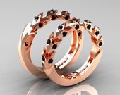 Modern Italian 14K Rose Gold Black Diamond Wedding Band Set R320BS-14KRGBD