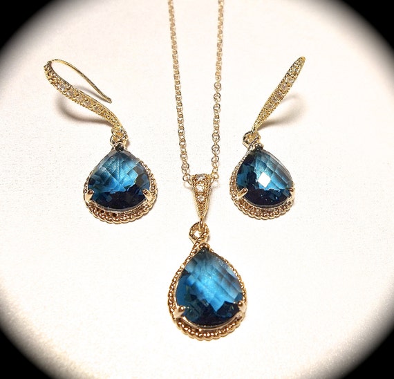 Blue Sapphire Necklace And Earring Set Gold By Queenmejewelryllc