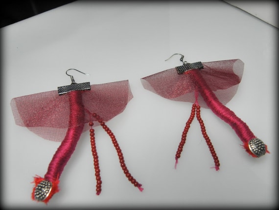 tribal textile earrings gift for her fiber art red spring summer