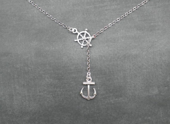 Items similar to Anchor necklace, Nautical, Ship wheel, Ocean, Silver ...