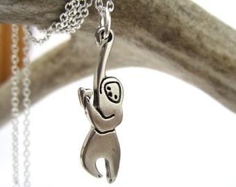 Tiny Sloth Necklace - Small Pewter Hanging Sloth Pendant on Silver Plated Chain - Sloth with Heart