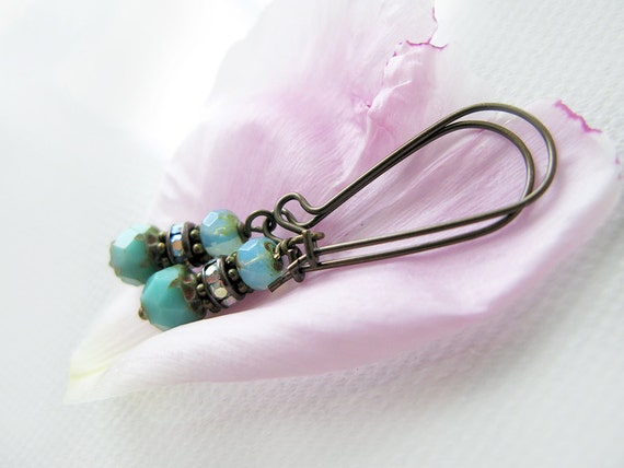 Czech Glass Earrings - Beaded Earrings - Dainty Drop Earrings - Aqua Dangle Earrings
