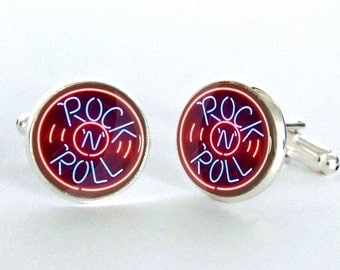 Rock 'N' Roll Neon Sign Silver Plated Cufflinks