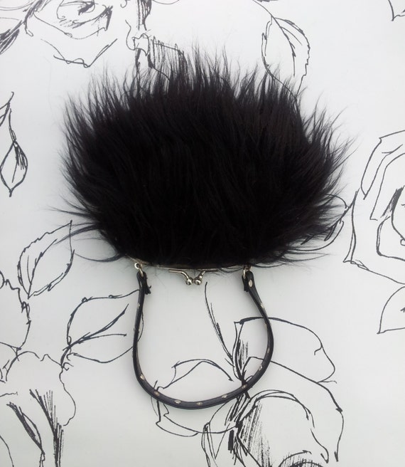 Unusual Furry Black Purse Handbag with Studded Handle Gothic