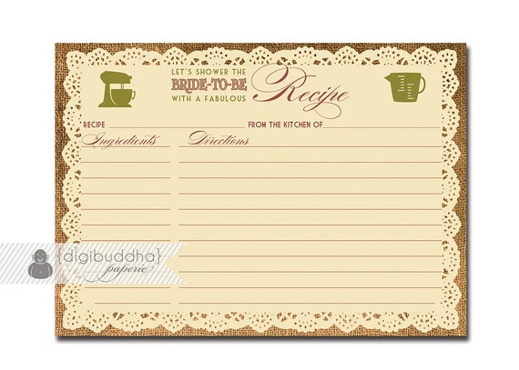 Lace Burlap Recipe Card Boho Chic INSTANT DOWNLOAD Rustic Bohemian Bridal Shower 5x7 DIY Printable Recipe Card - Jackie Style Il_570xn