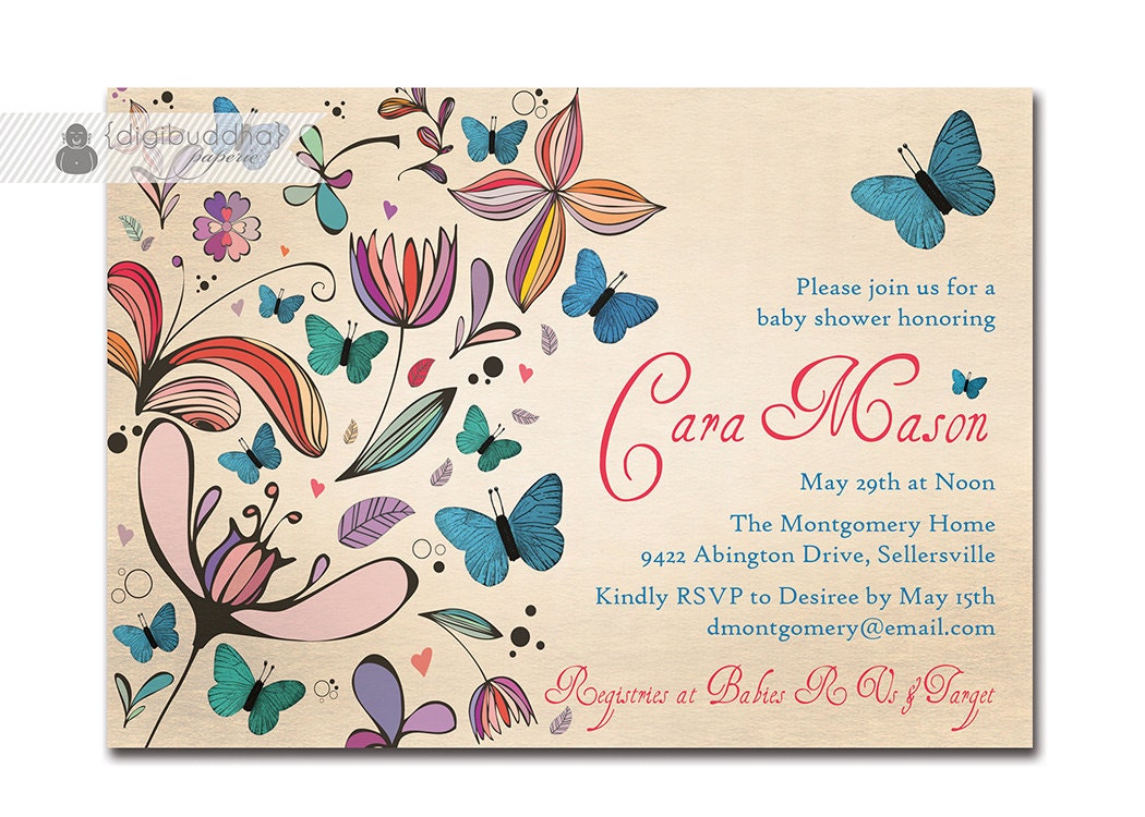 Butterflies Baby Shower Invitation Rustic Antique Colorful
