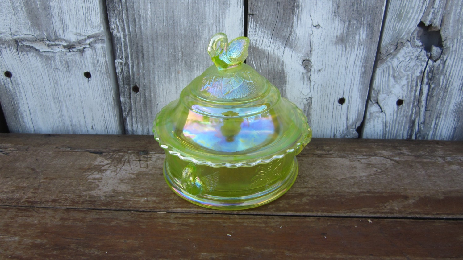 Vintage Vaseline Glass Covered Dish with Swan Westmoreland