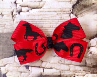 Horse Bow - Hair Bow - Red Black Horse Hair Clip - Country Hair Bow - Horseshoe Bow