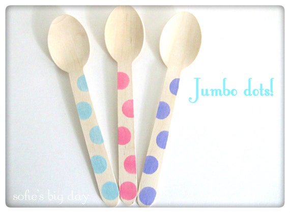 25 JUMBO POLKA DOT Hand Stamped Wooden Spoons- You pick the colors- Princess party-my little pony-frozen-hello kitty-6 inch wooden spoons Il_570xn