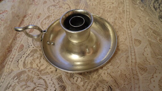 Vintage Silver Candle Holder With Handle Large Heavy Pewter