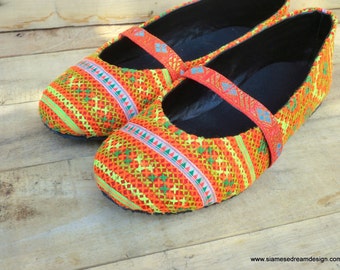 Orange Ethnic Hmong Embroidered Ballet Flats Womens Shoes - Micha