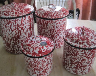 Enamel cannister set of 4 red and white vintage