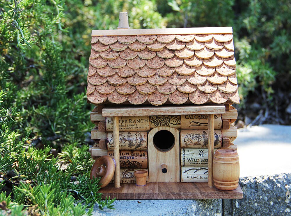 Log Cabin birdhouse wood and wine corks