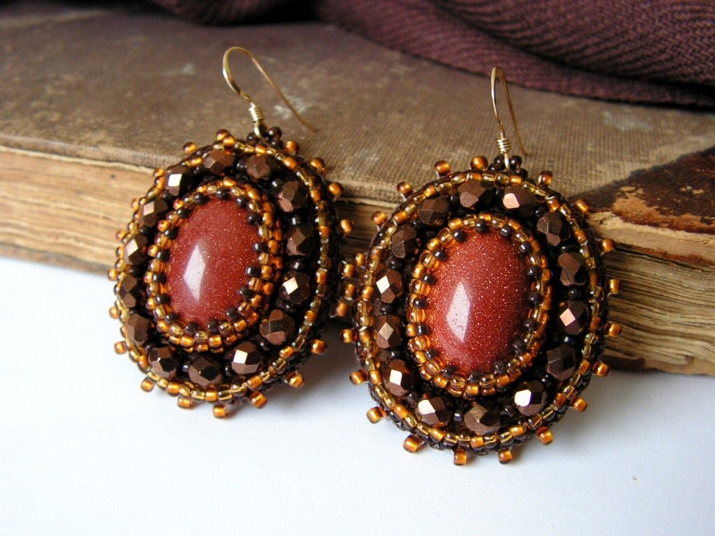 Brown Earrings Gold stone Earrings Beadwork Earrings Gemstone