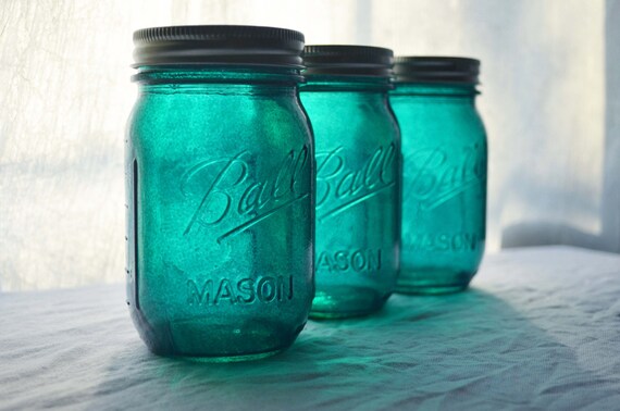 Stained Mason Jars in Deep Teal Set of 3 by willowfairedecor