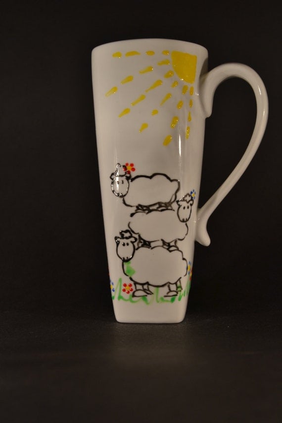 Beautiful latte mug with three sheeps by AgijasCrafts on Etsy