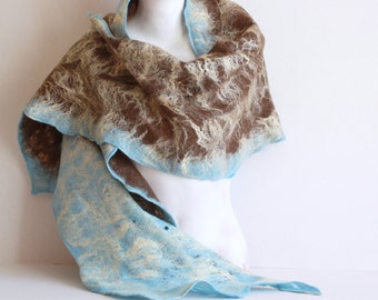 Women felted scarf cobweb felt wool silk shawl - brown blue