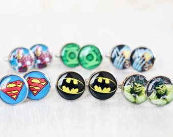 Wedding mens cufflinks - set of 6 Groomsmen gifts - Comic Superhero - Superman, Batman, Green Lantern, Wolverine, The Hulk, Iron Man