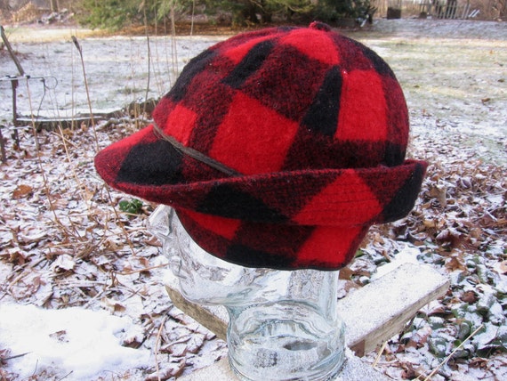 Plaid Hunters Cap Red and Black Plaid Wool Hat Fleece Lined