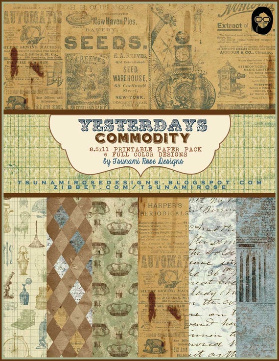 8.5x11 Vintage Digital Printable Scrapbook Paper- "Yesterday's Commodity" Paper Pack"- INSTANT DOWNLOAD