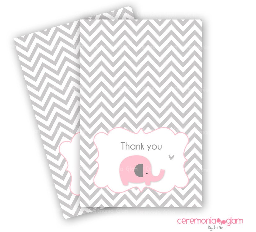 Baby shower thank you cards chevron elephant pink and grey