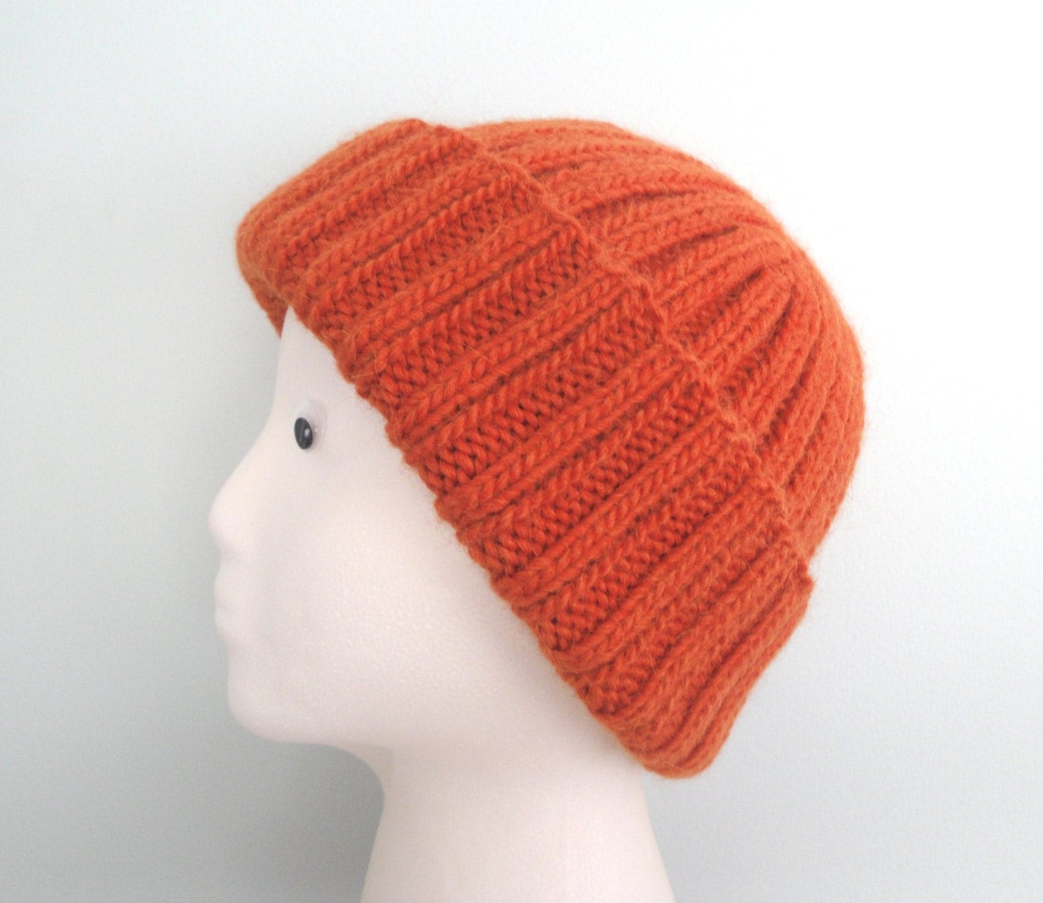 Orange Mens Hat Hand Knit Llama/Wool Beanie Watch Cap Man